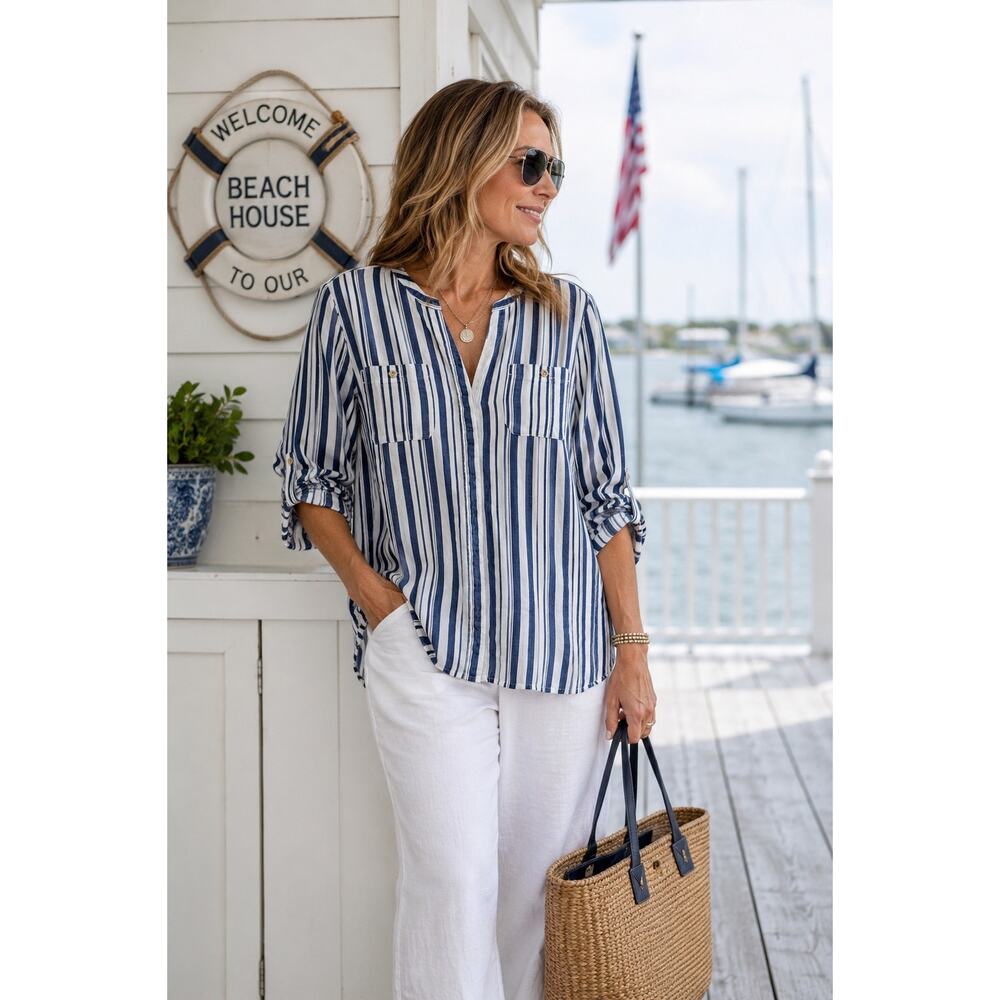 Tommy Bahama Blue White Striped Hidden Button Tencel Blouse Small